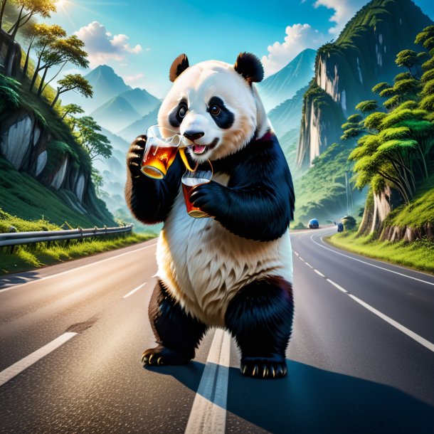 Picture of a drinking of a giant panda on the road