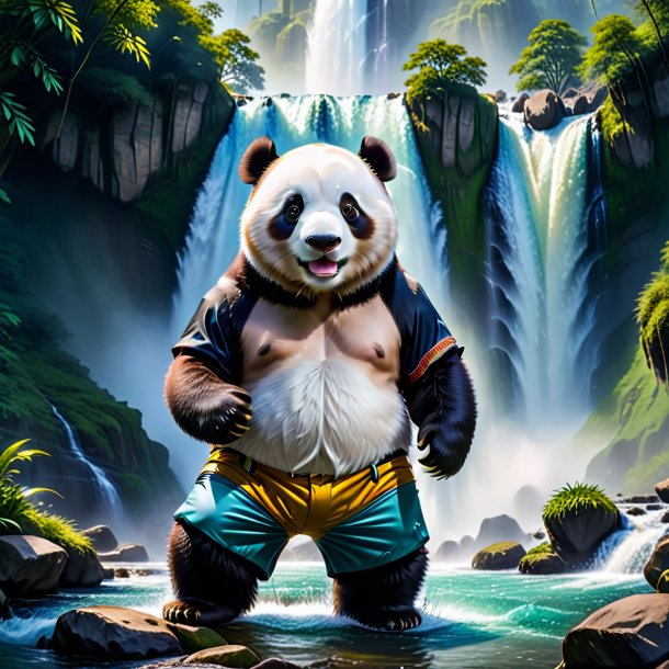 Image of a giant panda in a trousers in the waterfall