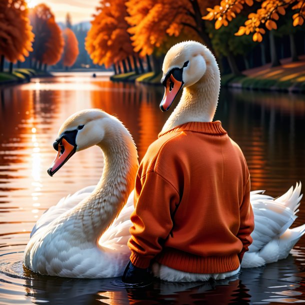 Foto de un cisne en un suéter naranja