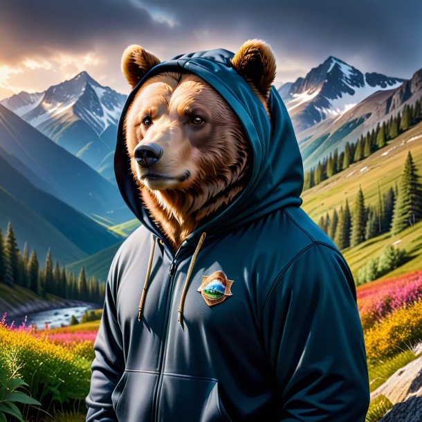 Pic of a bear in a hoodie in the mountains