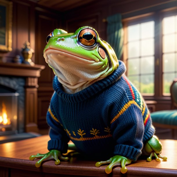 Image of a frog in a sweater in the house