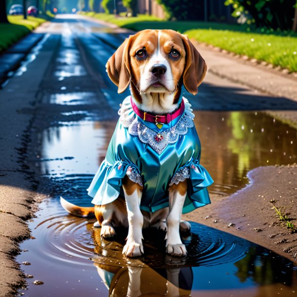 Foto de un beagle en un vestido en el charco