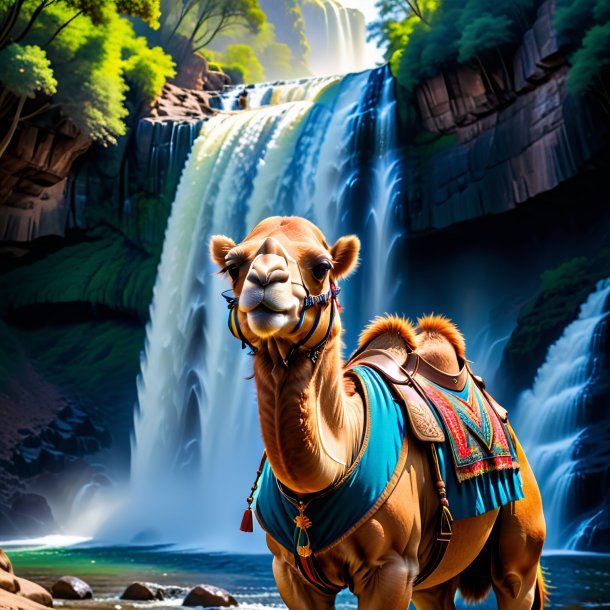 Photo of a camel in a vest in the waterfall