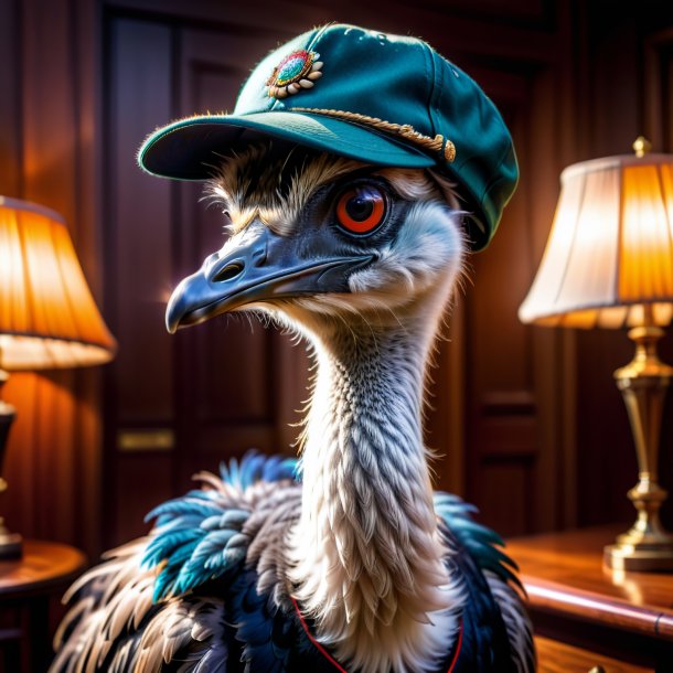 Photo of a emu in a cap in the house