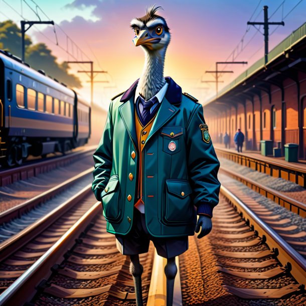 Ilustración del emu en la chaqueta sobre las vías del ferrocarril