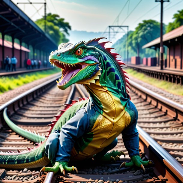 Foto de um basilisk em um jeans nos trilhos ferroviários