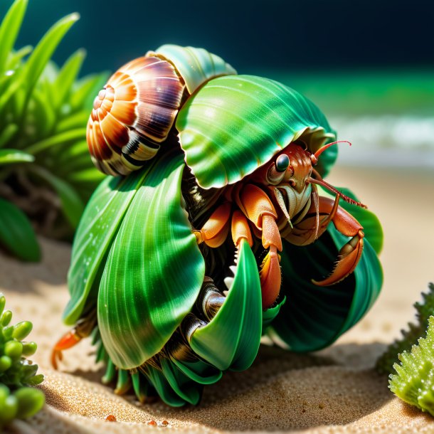 Picture of a hermit crab in a green dress