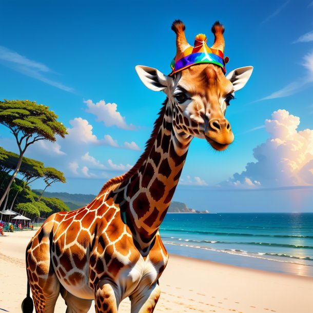 Dessin d'une girafe dans un chapeau sur la plage