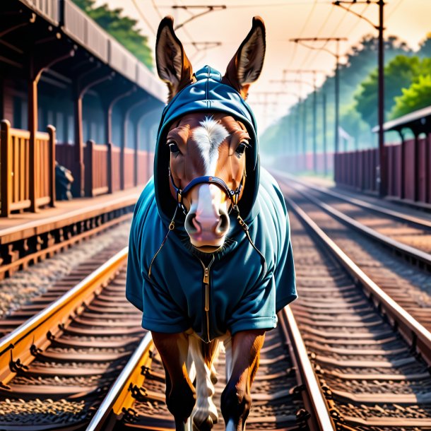 Photo of a mule in a hoodie on the railway tracks