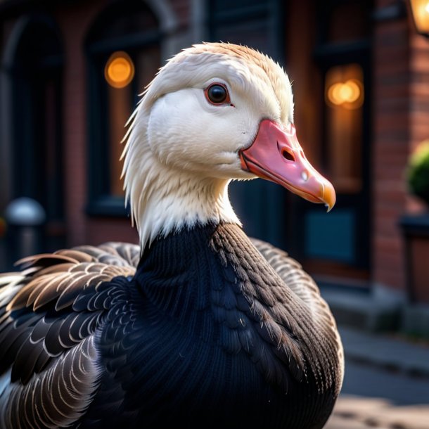 Foto de un ganso en un suéter negro