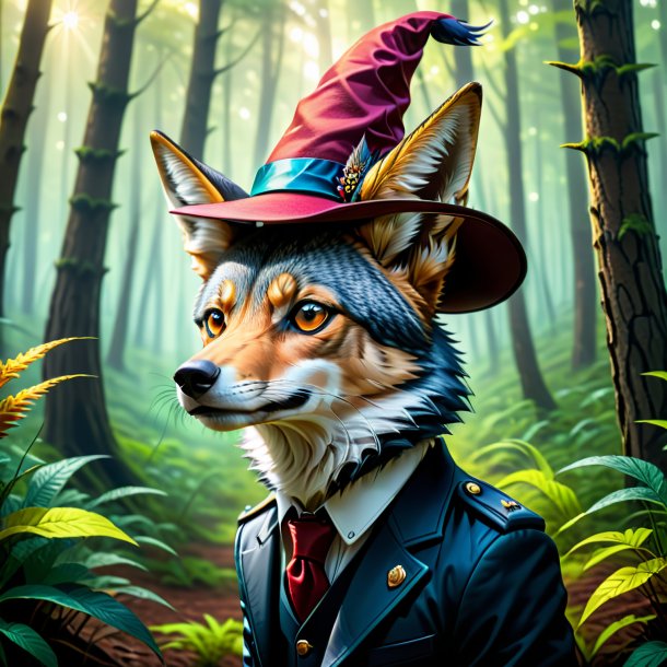 Illustration of a jackal in a hat in the forest