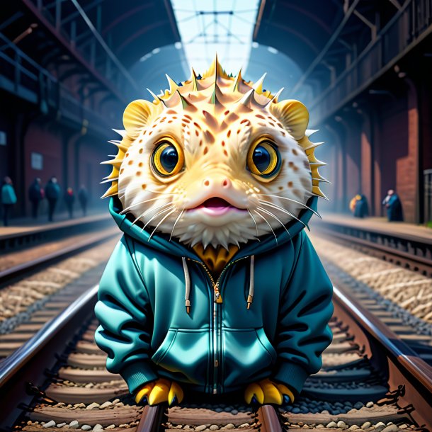 Illustration of a pufferfish in a hoodie on the railway tracks