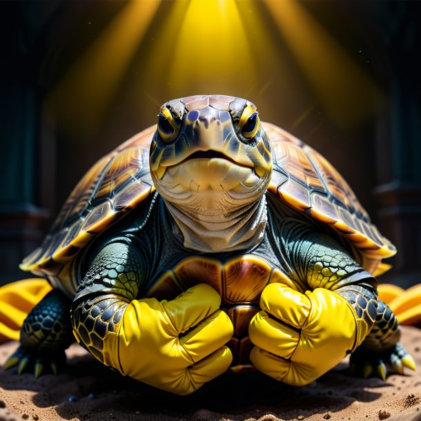 Imagen de una tortuga en guantes amarillos