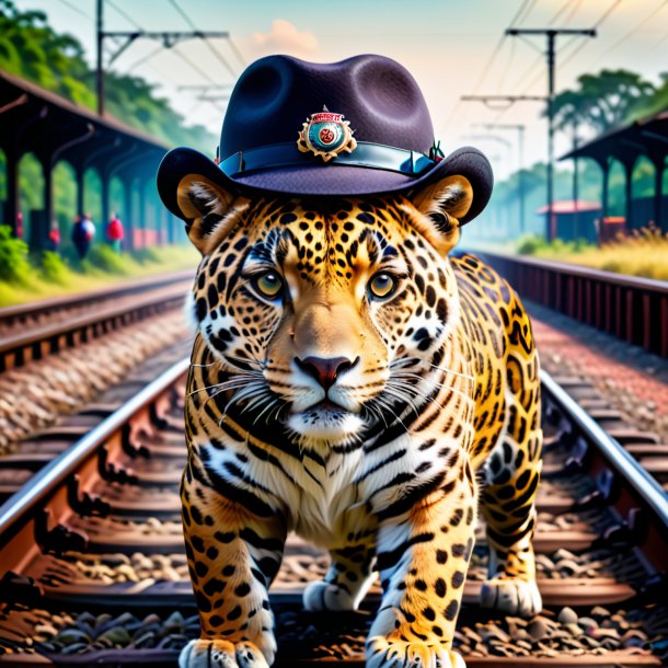 Pic de um jaguar em um chapéu nos trilhos ferroviários