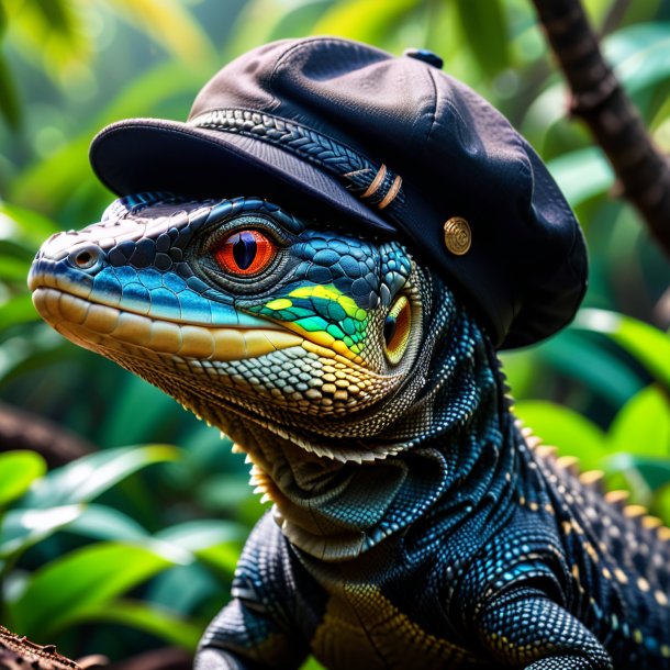 Photo of a monitor lizard in a black cap