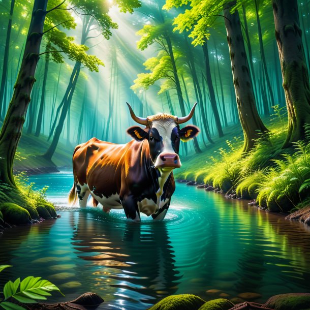 Picture of a swimming of a cow in the forest