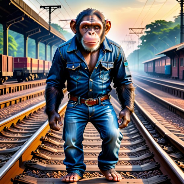 Picture of a chimpanzee in a jeans on the railway tracks