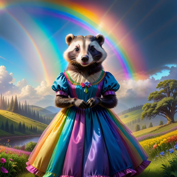 Image of a badger in a dress on the rainbow