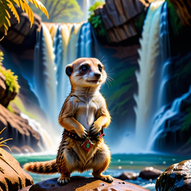 Picture of a meerkat in a belt in the waterfall