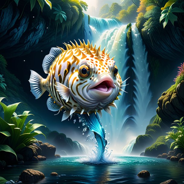 Illustration of a pufferfish in a jeans in the waterfall