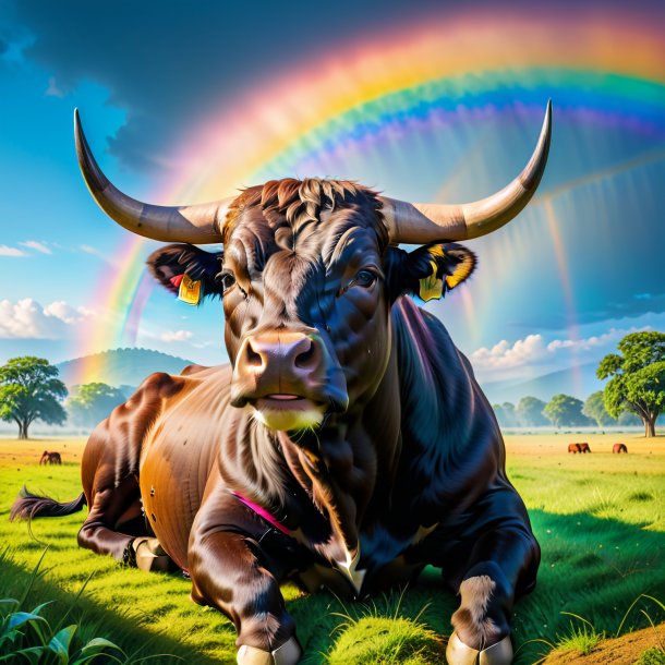 Image of a resting of a bull on the rainbow