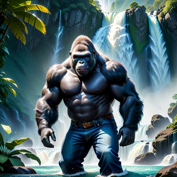 Image of a gorilla in a jeans in the waterfall