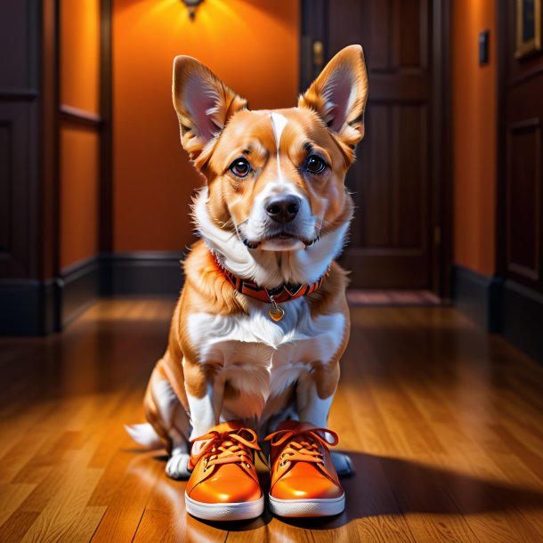 Foto de un perro en zapatos naranjas