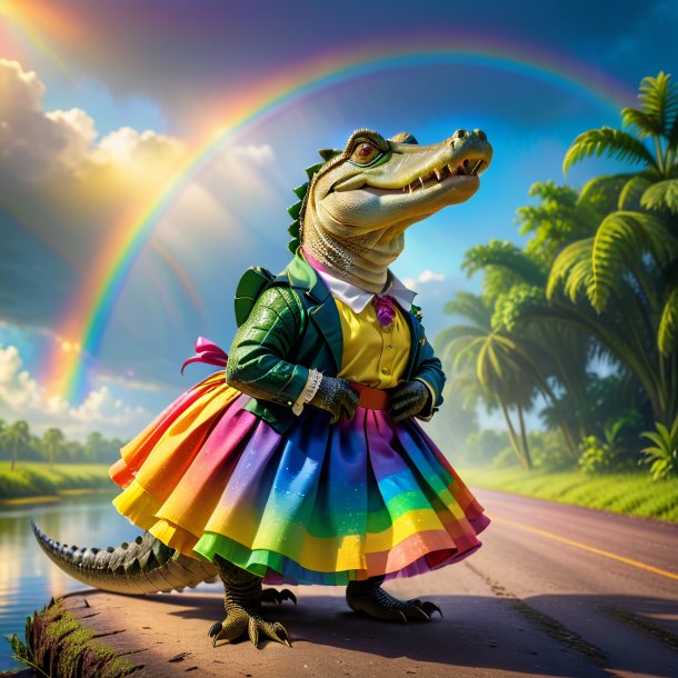 Photo of a alligator in a skirt on the rainbow