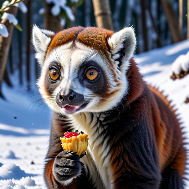 Foto de una comida de un lémur en la nieve