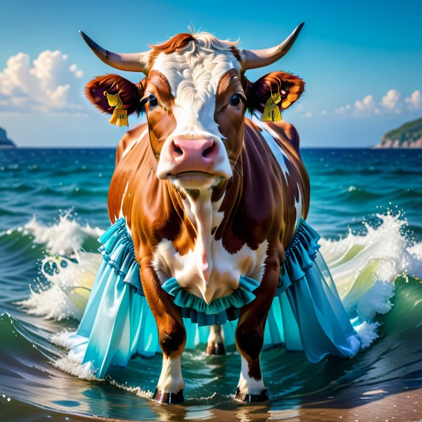 Picture of a cow in a skirt in the sea