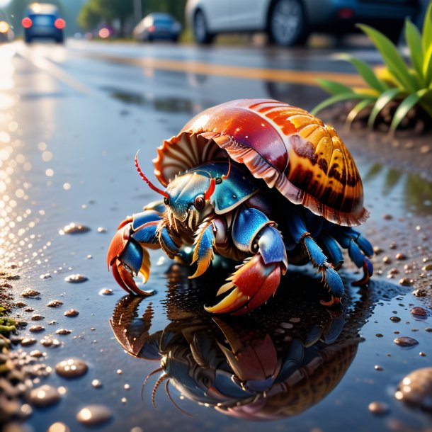 Pic of a hermit crab in a jeans in the puddle