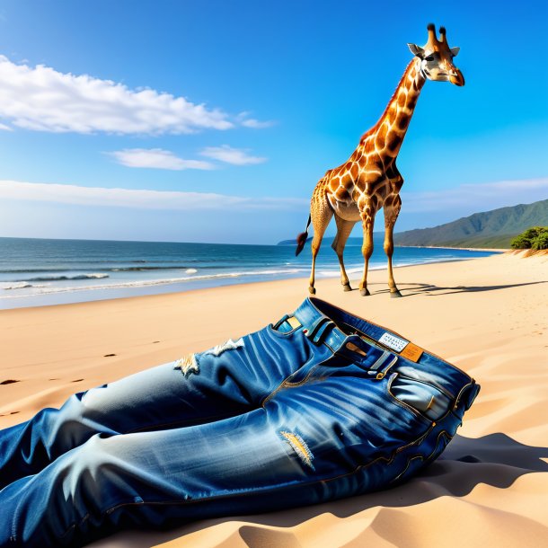 Image of a giraffe in a jeans on the beach