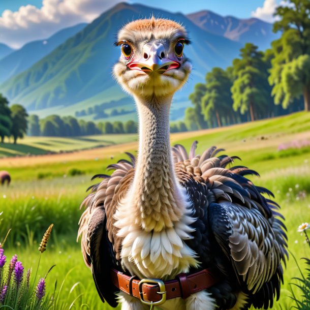 Picture of a ostrich in a belt in the meadow