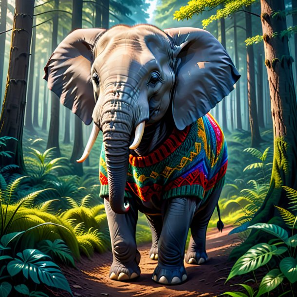 Pic of a elephant in a sweater in the forest