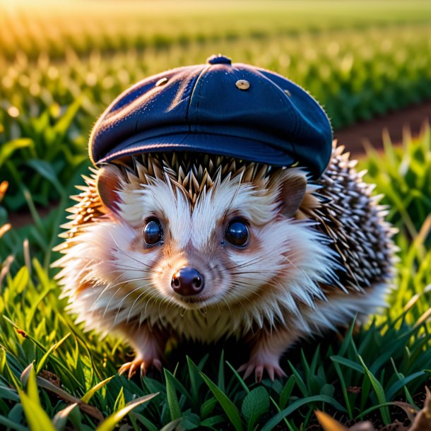 Foto de un erizo en una gorra en el campo