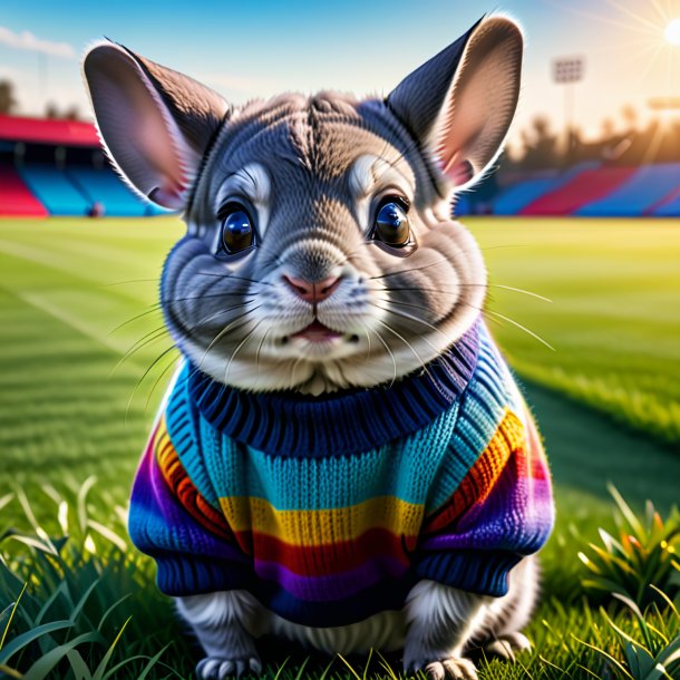 Picture of a chinchillas in a sweater on the field