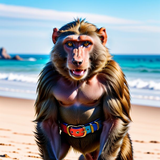 Imagem de um babuíno em um cinto na praia