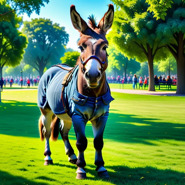 Pic of a donkey in a jeans in the park