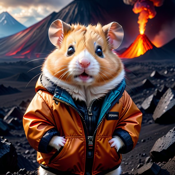 Imagem de um hamster em uma jaqueta no vulcão