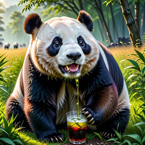 Pic of a drinking of a giant panda in the meadow