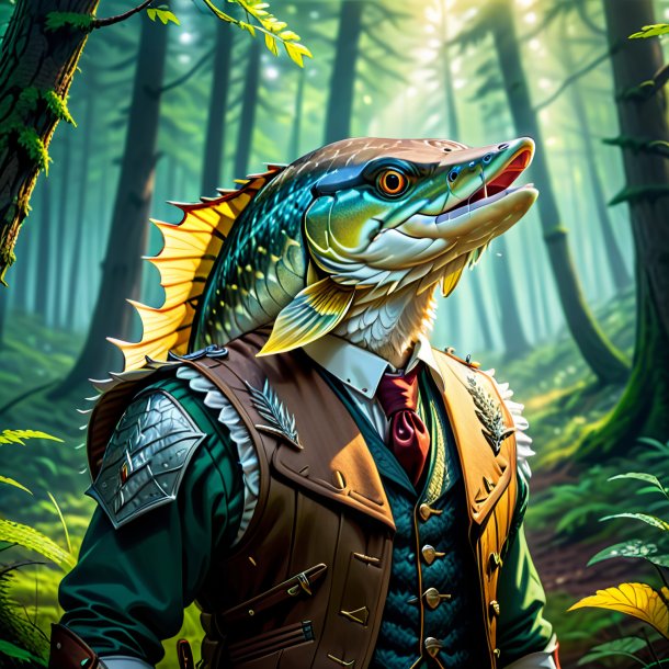 Drawing of a pike in a vest in the forest