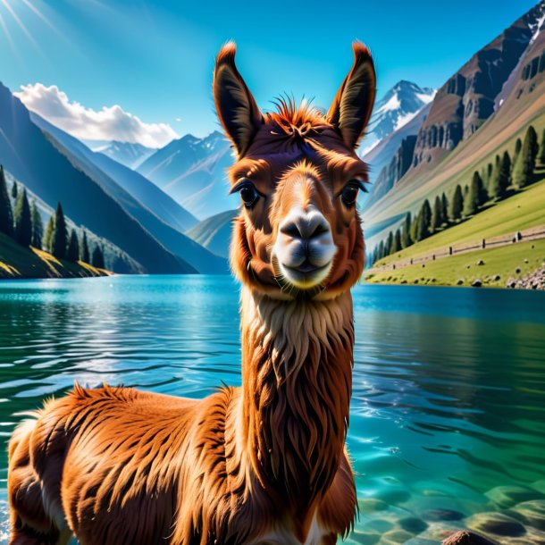 Picture of a swimming of a llama in the mountains