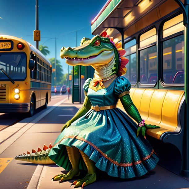 Illustration of a alligator in a dress on the bus stop