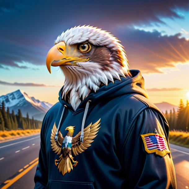 Photo of a eagle in a hoodie on the road