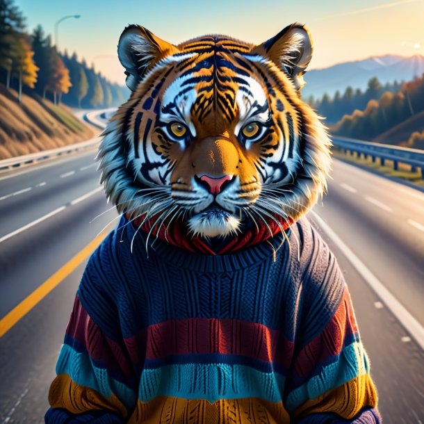 Dessin d'un tigre dans un pull sur l'autoroute