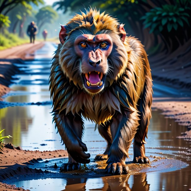 Photo d'une colère d'un babouin dans la flaque