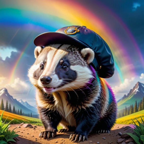 Picture of a badger in a cap on the rainbow