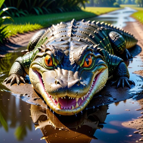 Picture of a smiling of a alligator in the puddle