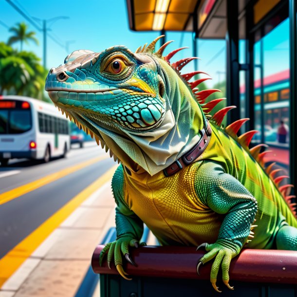 Ilustración de una iguana en un cinturón en la parada de autobús