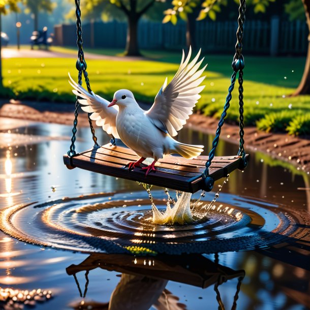 Photo of a swinging on a swing of a dove in the puddle